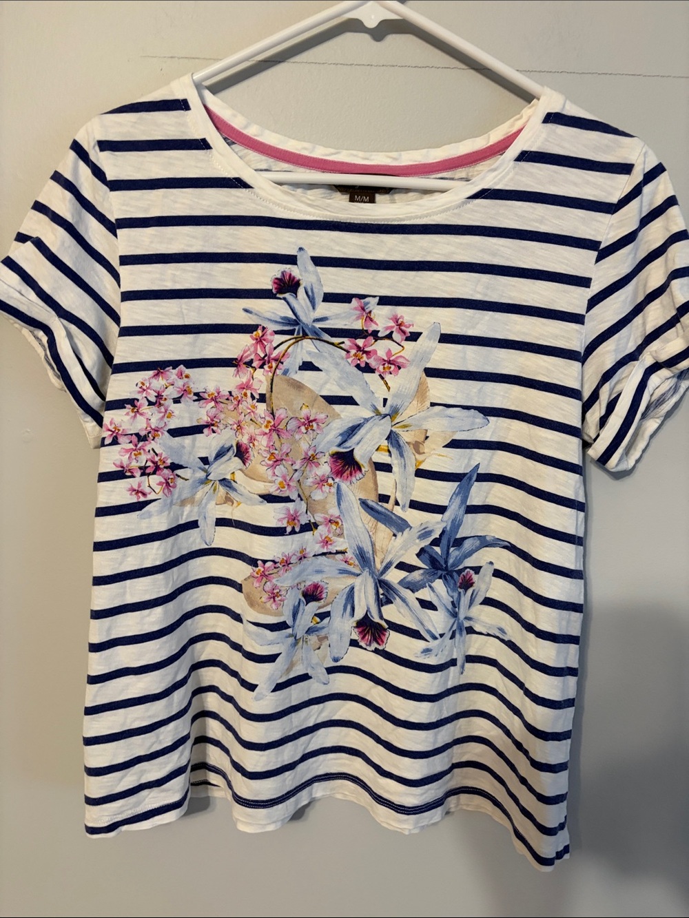 Tommy Bahama White Navy Striped Tee with Blue & Pink Floral Print. Med.